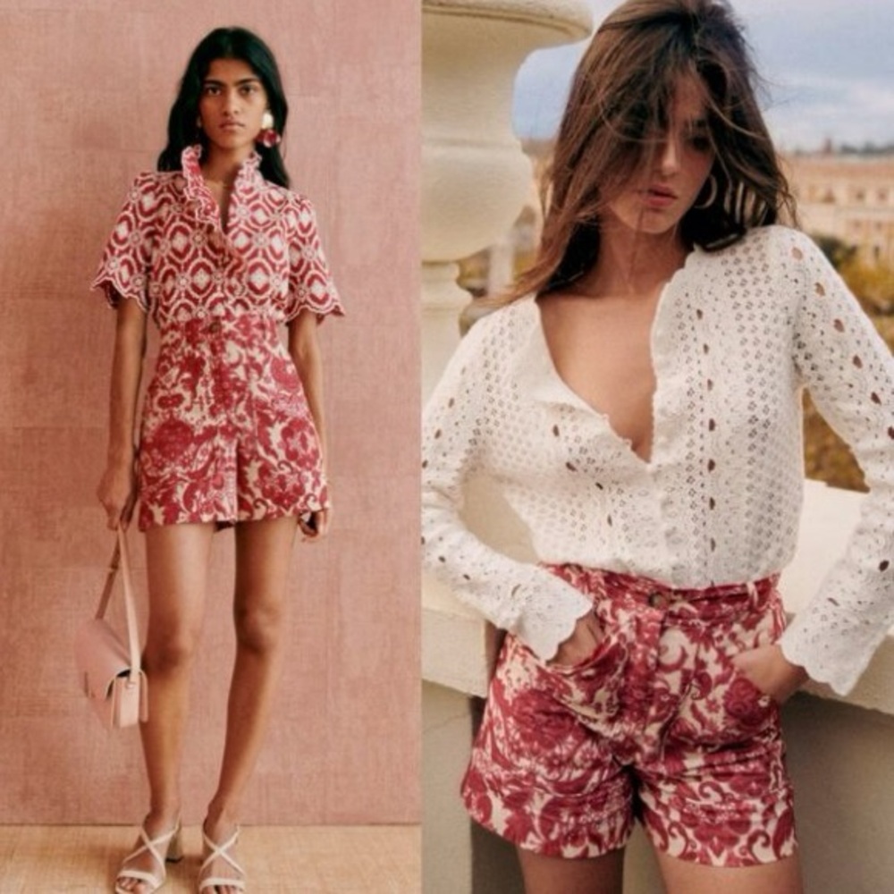 Sezane Red and White Women Shorts